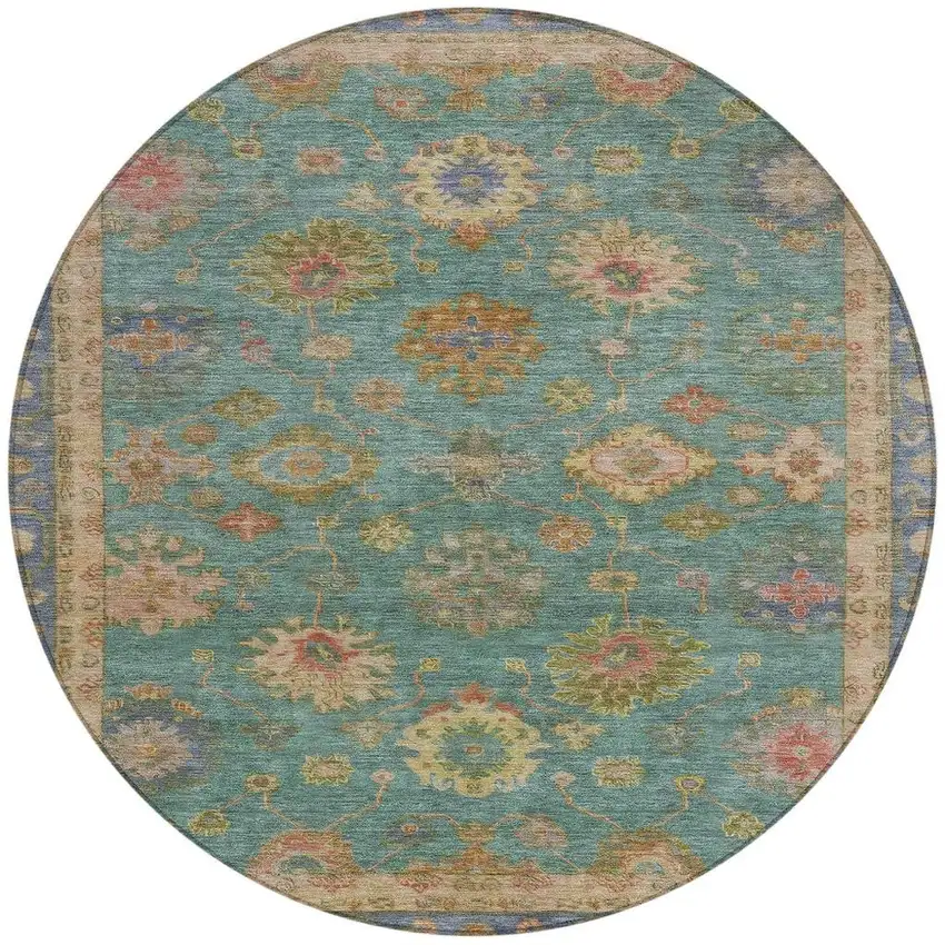 8' Teal Blue And Gold Round Floral Washable Indoor Outdoor Area Rug Photo 3