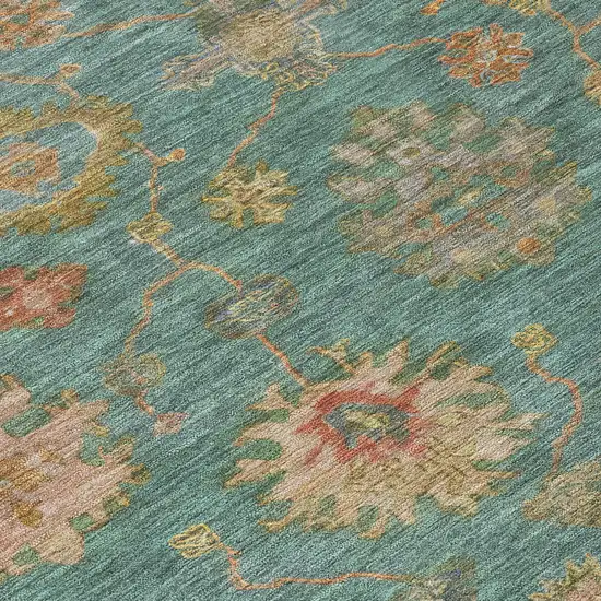 8' Teal Blue And Gold Round Floral Washable Indoor Outdoor Area Rug Photo 8