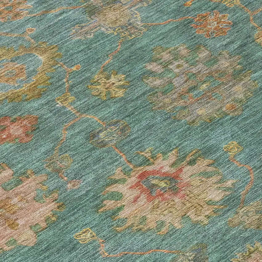 8' Teal Blue And Gold Round Floral Washable Indoor Outdoor Area Rug Photo 8