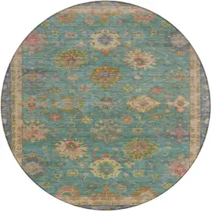 Photo of 8' Teal Blue And Gold Round Floral Washable Indoor Outdoor Area Rug