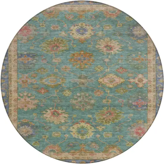 8' Teal Blue And Gold Round Floral Washable Indoor Outdoor Area Rug Photo 1