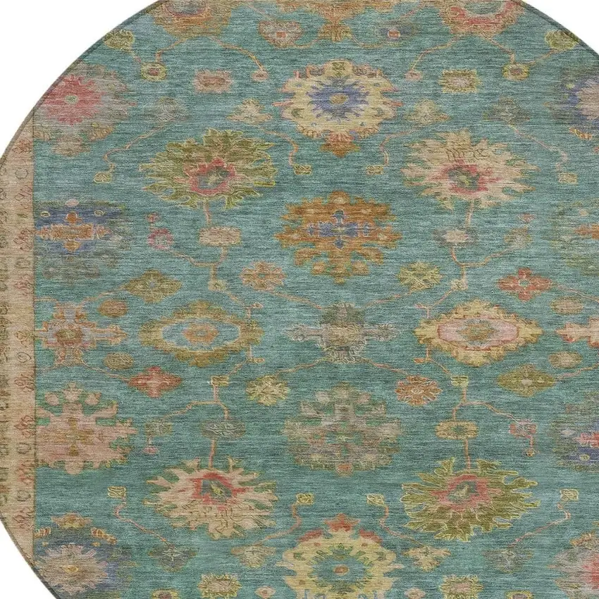 8' Teal Blue And Gold Round Floral Washable Indoor Outdoor Area Rug Photo 9