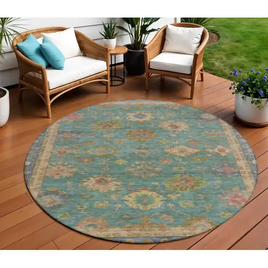 8' Teal Blue And Gold Round Floral Washable Indoor Outdoor Area Rug Photo 2