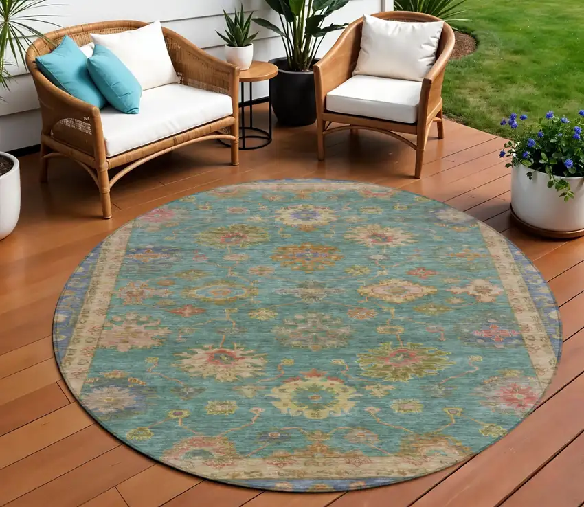 8' Teal Blue And Gold Round Floral Washable Indoor Outdoor Area Rug Photo 2