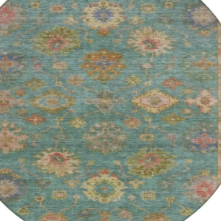 8' Teal Blue And Gold Round Floral Washable Indoor Outdoor Area Rug Photo 4