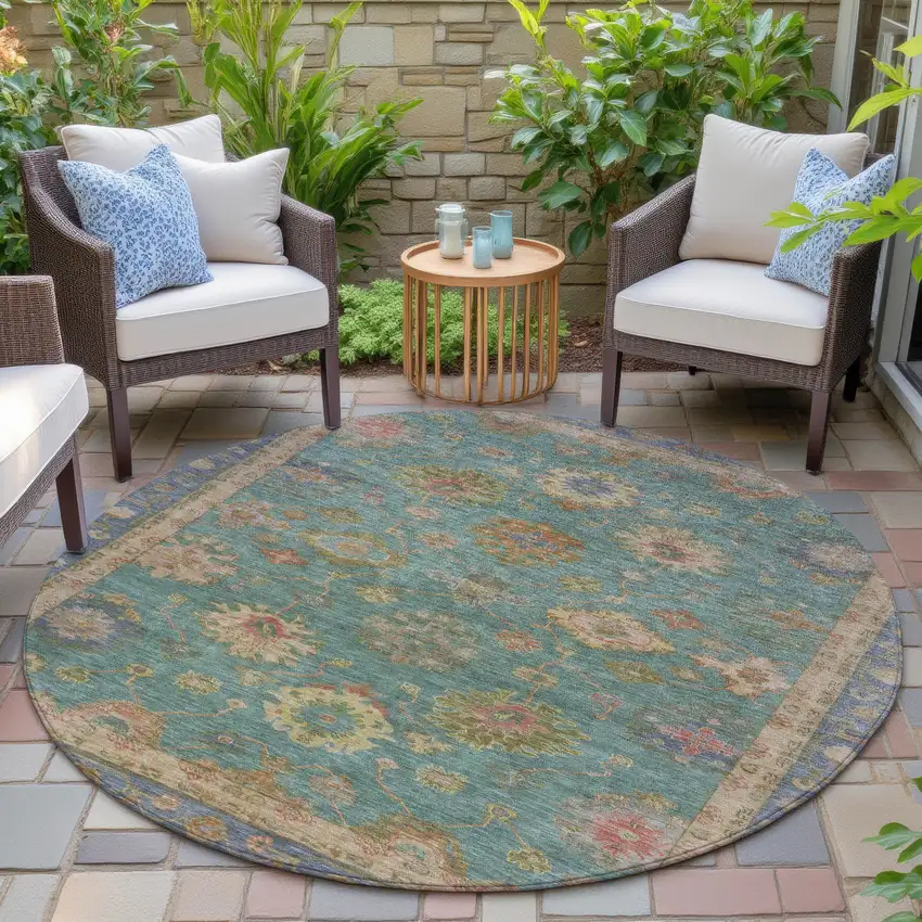 8' Teal Blue And Gold Round Floral Washable Indoor Outdoor Area Rug Photo 6