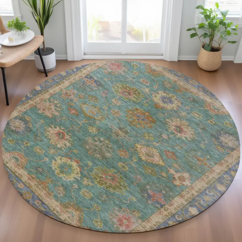 8' Teal Blue And Gold Round Floral Washable Indoor Outdoor Area Rug Photo 5