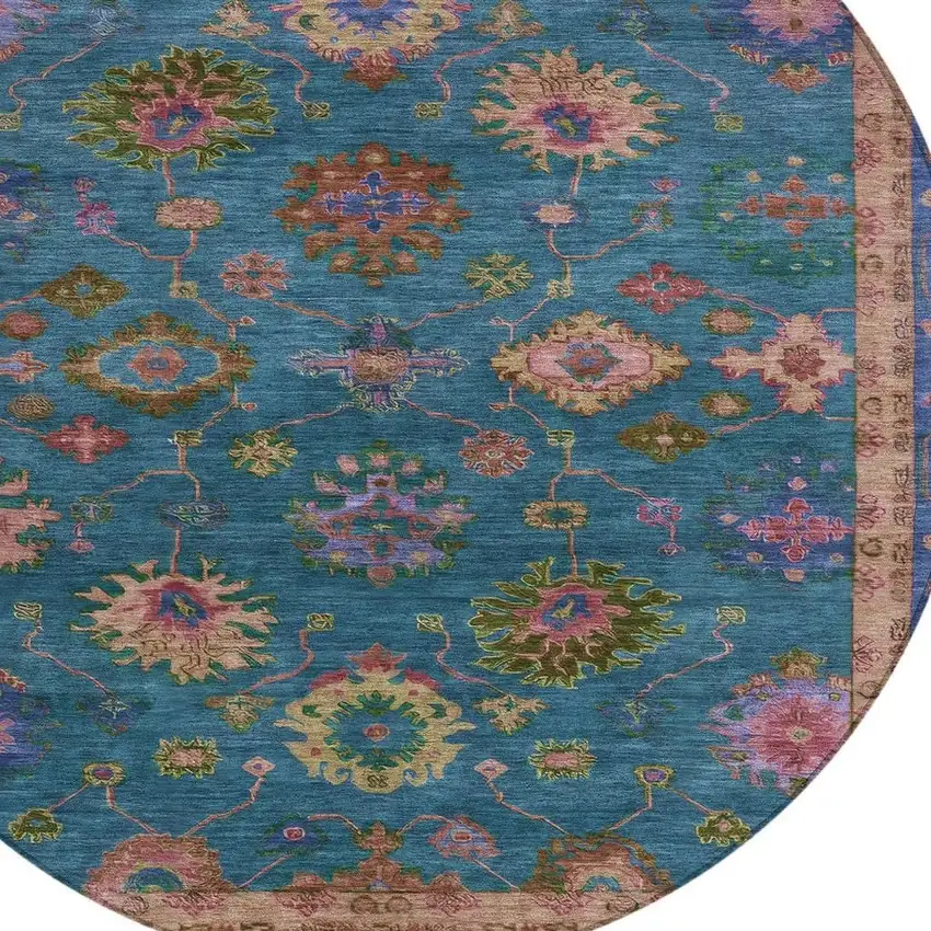 8' Teal Blue And Gold Round Floral Washable Indoor Outdoor Area Rug Photo 9