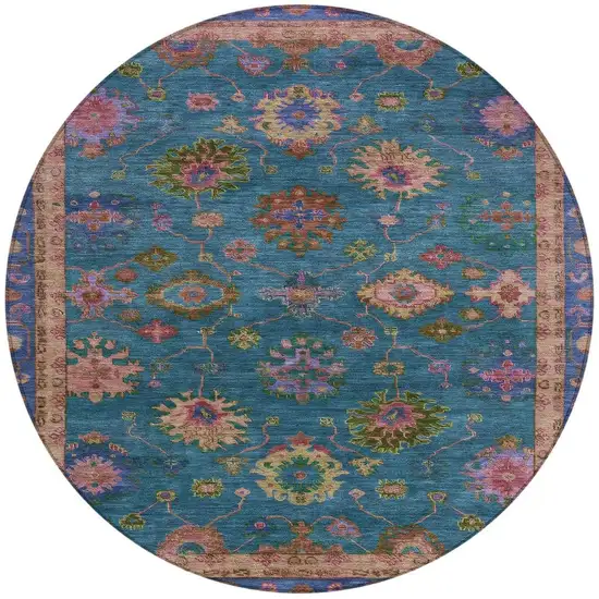 8' Teal Blue And Gold Round Floral Washable Indoor Outdoor Area Rug Photo 3