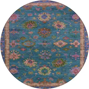 Photo of 8' Teal Blue And Gold Round Floral Washable Indoor Outdoor Area Rug