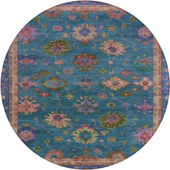 8' Teal Blue And Gold Round Floral Washable Indoor Outdoor Area Rug Photo 1
