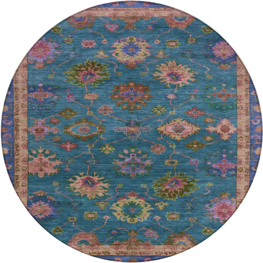 8' Teal Blue And Gold Round Floral Washable Indoor Outdoor Area Rug Photo 1