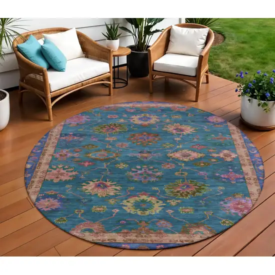 8' Teal Blue And Gold Round Floral Washable Indoor Outdoor Area Rug Photo 2