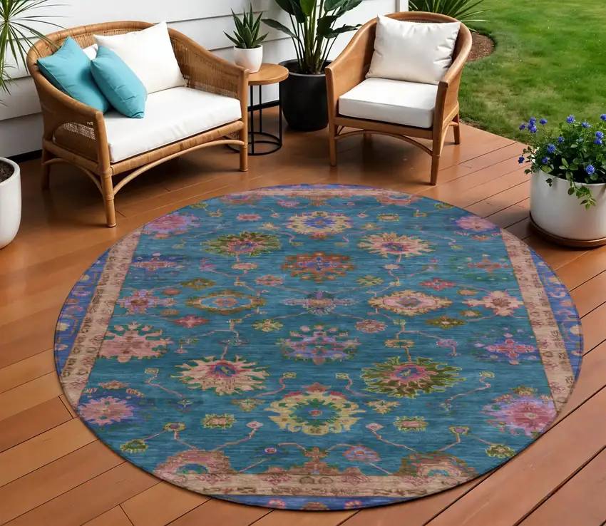 8' Teal Blue And Gold Round Floral Washable Indoor Outdoor Area Rug Photo 2