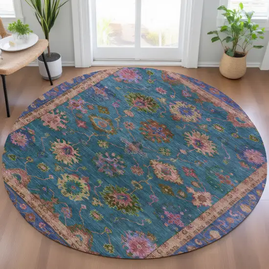 8' Teal Blue And Gold Round Floral Washable Indoor Outdoor Area Rug Photo 5