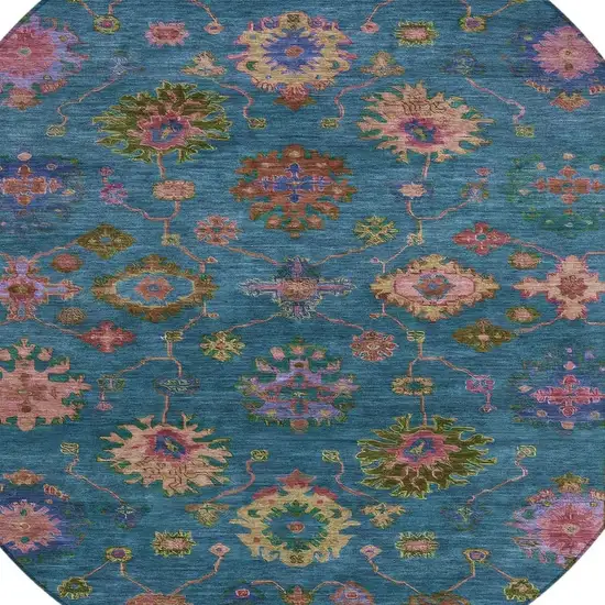 8' Teal Blue And Gold Round Floral Washable Indoor Outdoor Area Rug Photo 4