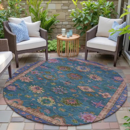 8' Teal Blue And Gold Round Floral Washable Indoor Outdoor Area Rug Photo 6