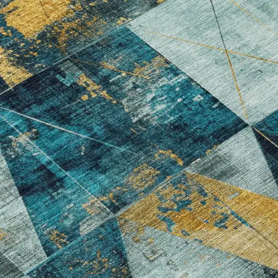 8' Teal Blue And Gold Round Geometric Washable Indoor Outdoor Area Rug Photo 9