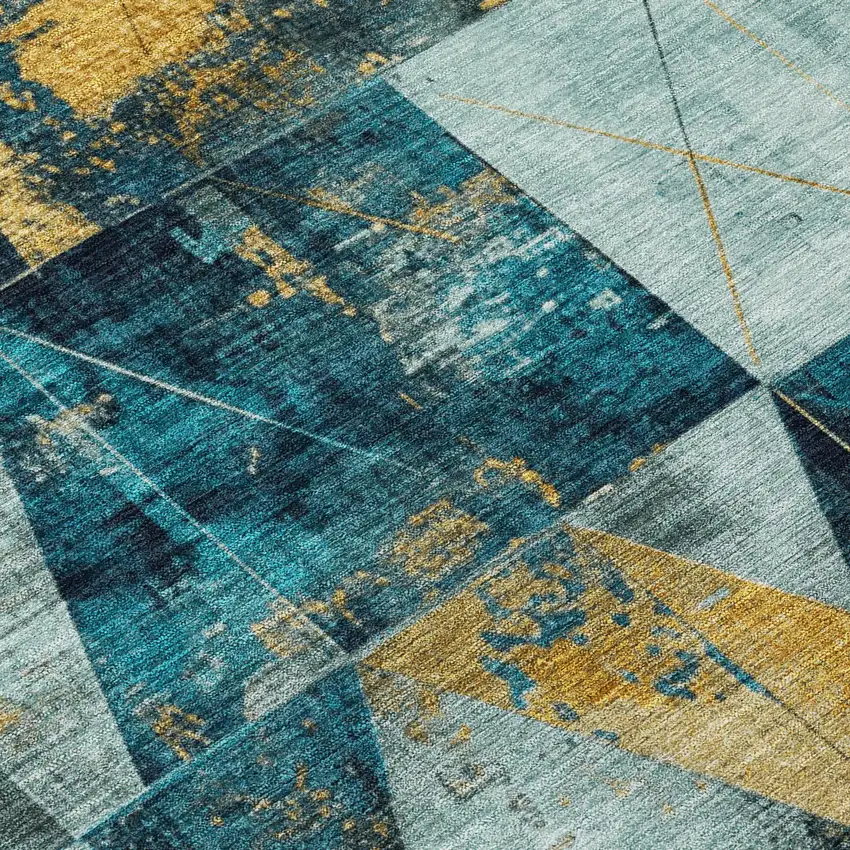 8' Teal Blue And Gold Round Geometric Washable Indoor Outdoor Area Rug Photo 9