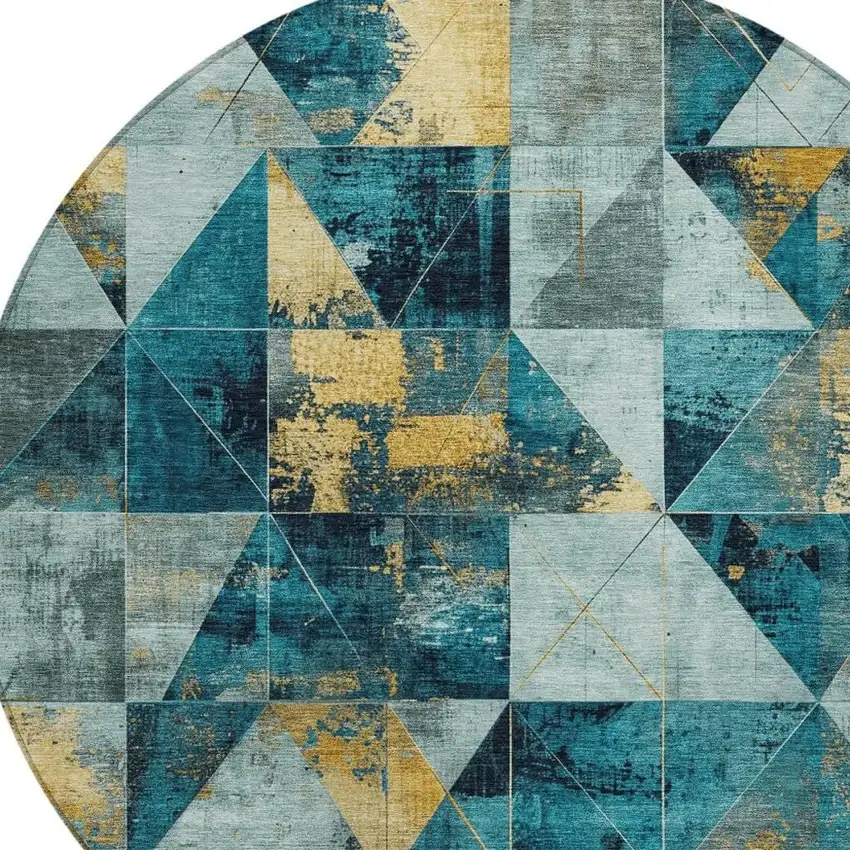 8' Teal Blue And Gold Round Geometric Washable Indoor Outdoor Area Rug Photo 4