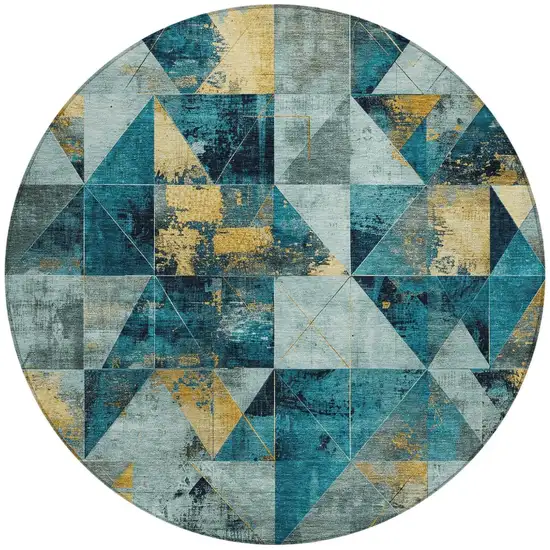 8' Teal Blue And Gold Round Geometric Washable Indoor Outdoor Area Rug Photo 3