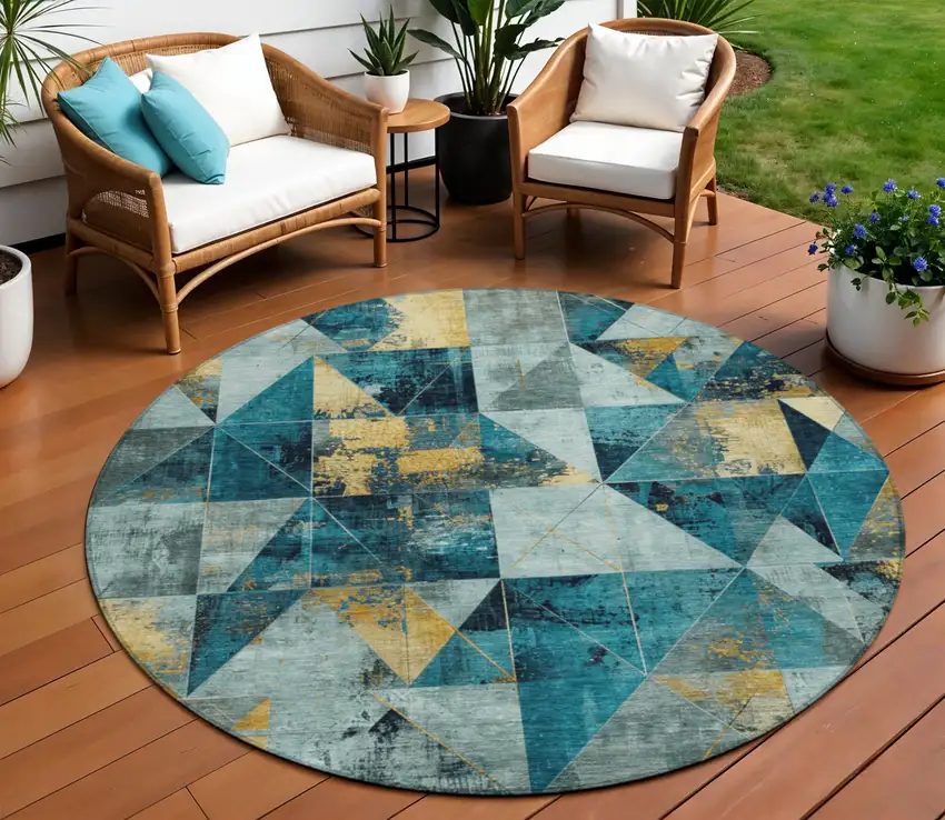 8' Teal Blue And Gold Round Geometric Washable Indoor Outdoor Area Rug Photo 2