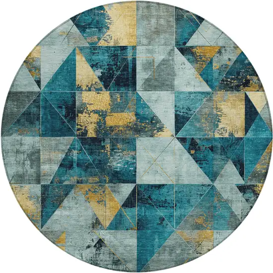 8' Teal Blue And Gold Round Geometric Washable Indoor Outdoor Area Rug Photo 1