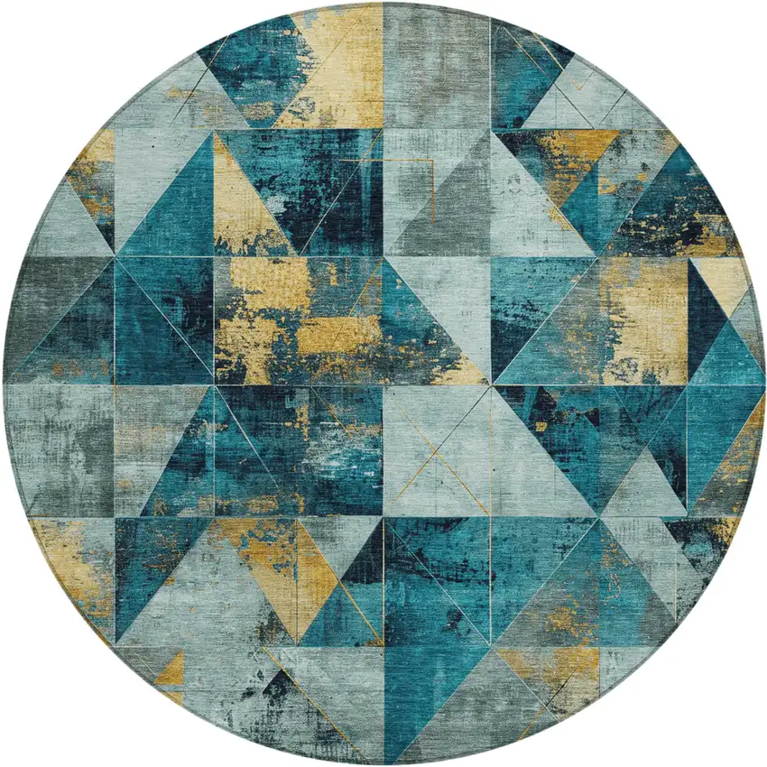 8' Teal Blue And Gold Round Geometric Washable Indoor Outdoor Area Rug Photo 1
