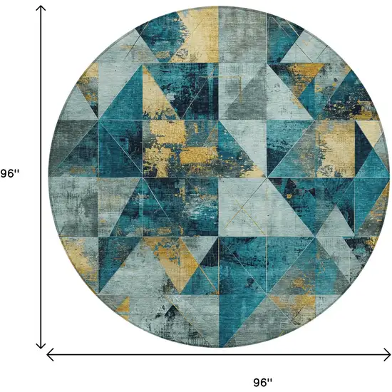 8' Teal Blue And Gold Round Geometric Washable Indoor Outdoor Area Rug Photo 9