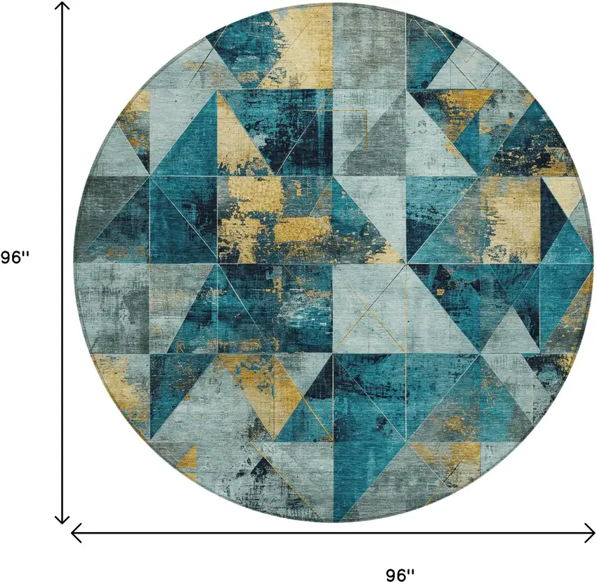 8' Teal Blue And Gold Round Geometric Washable Indoor Outdoor Area Rug Photo 9