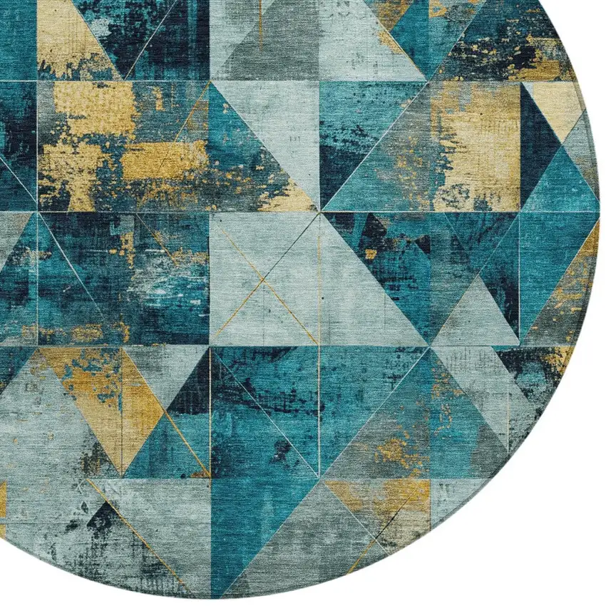 8' Teal Blue And Gold Round Geometric Washable Indoor Outdoor Area Rug Photo 8