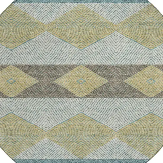 8' Teal Blue And Gold Round Geometric Washable Indoor Outdoor Area Rug Photo 2
