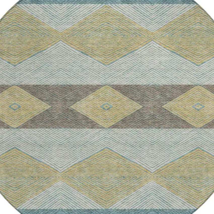 8' Teal Blue And Gold Round Geometric Washable Indoor Outdoor Area Rug Photo 2