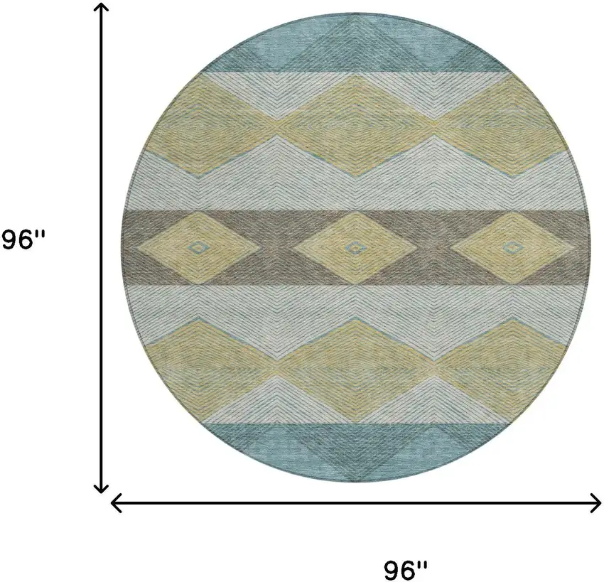 8' Teal Blue And Gold Round Geometric Washable Indoor Outdoor Area Rug Photo 8