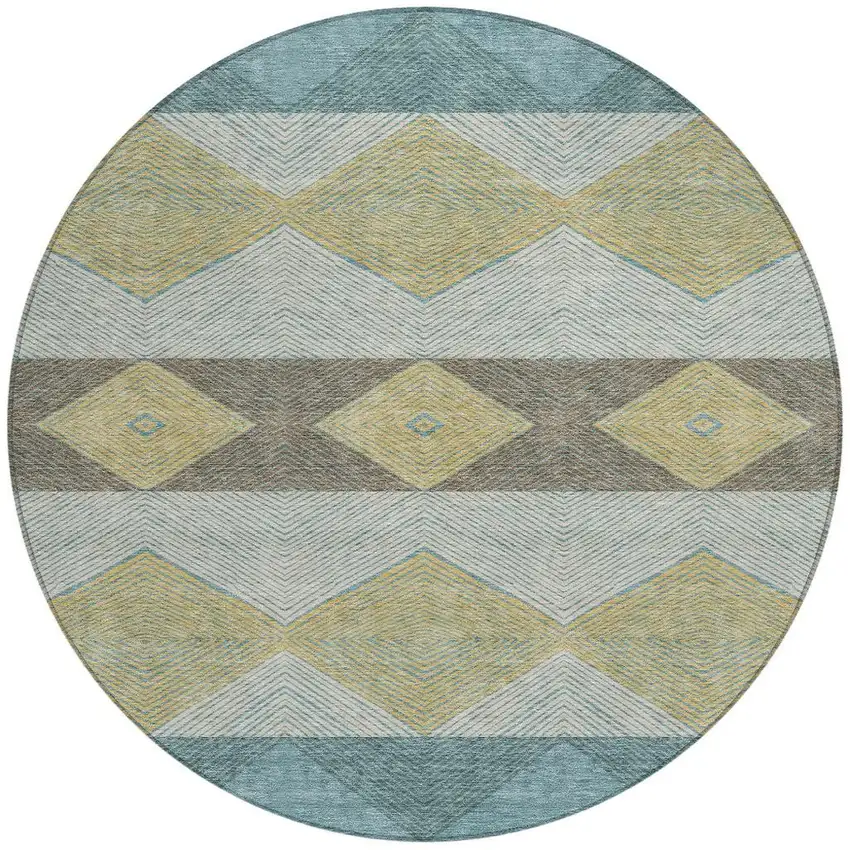 8' Teal Blue And Gold Round Geometric Washable Indoor Outdoor Area Rug Photo 3