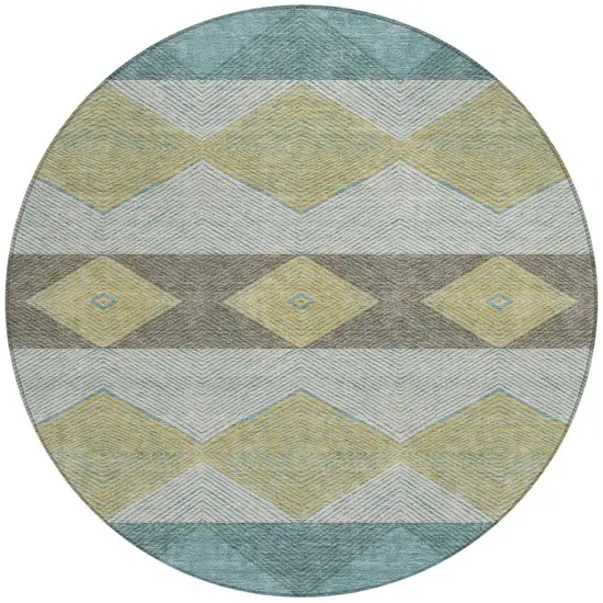 8' Teal Blue And Gold Round Geometric Washable Indoor Outdoor Area Rug Photo 3