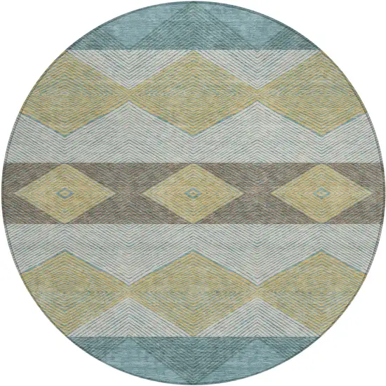 8' Teal Blue And Gold Round Geometric Washable Indoor Outdoor Area Rug Photo 1