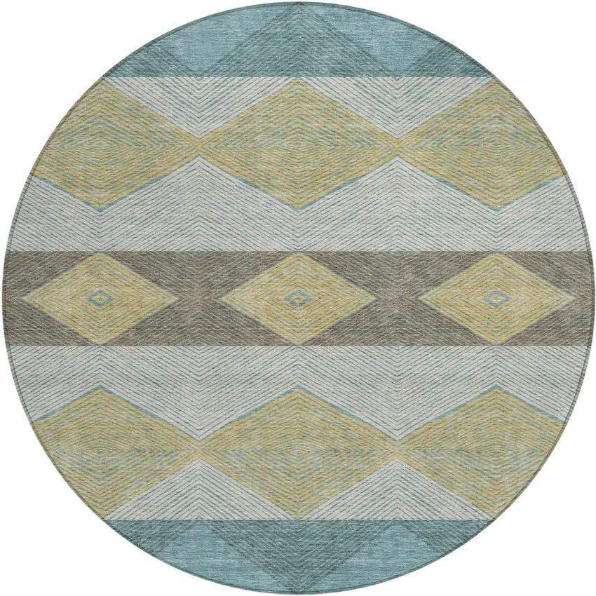8' Teal Blue And Gold Round Geometric Washable Indoor Outdoor Area Rug Photo 1