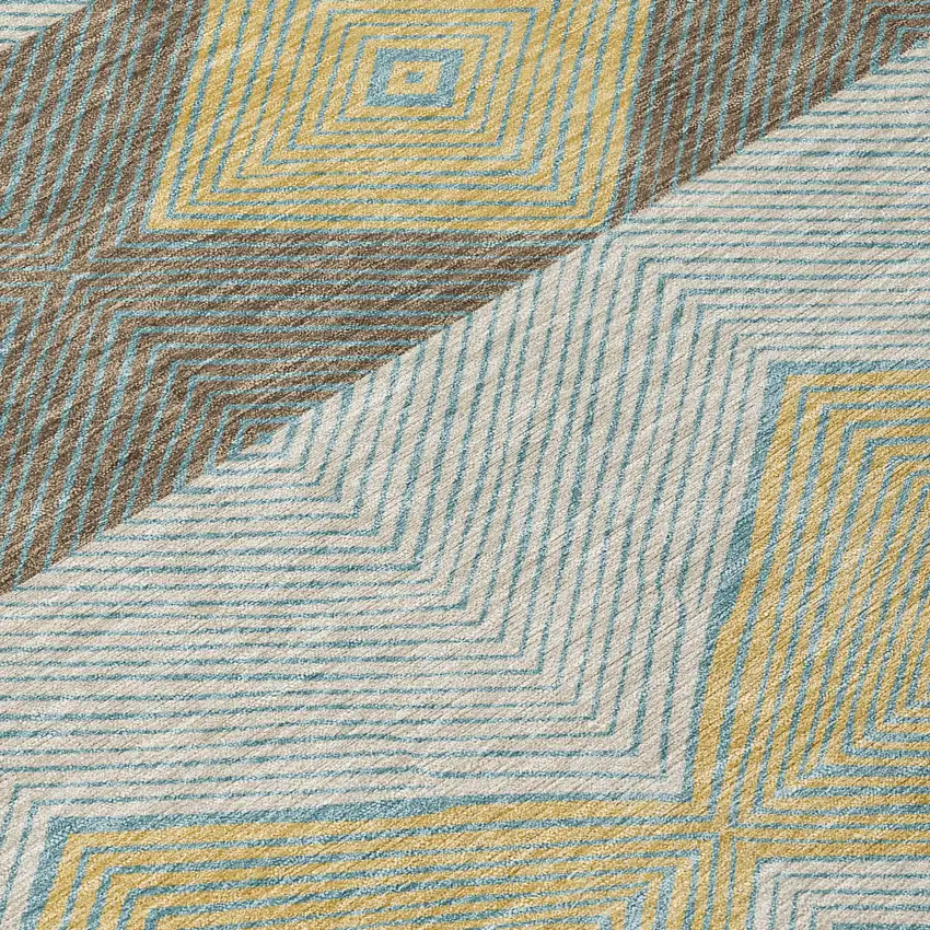 8' Teal Blue And Gold Round Geometric Washable Indoor Outdoor Area Rug Photo 7