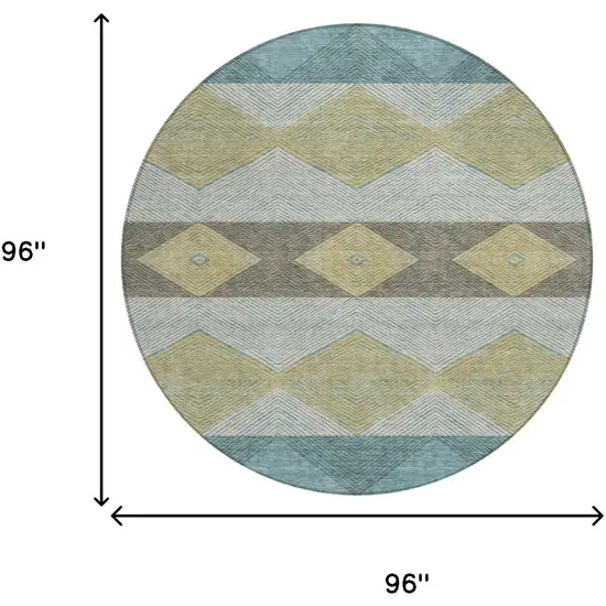 8' Teal Blue And Gold Round Geometric Washable Indoor Outdoor Area Rug Photo 8
