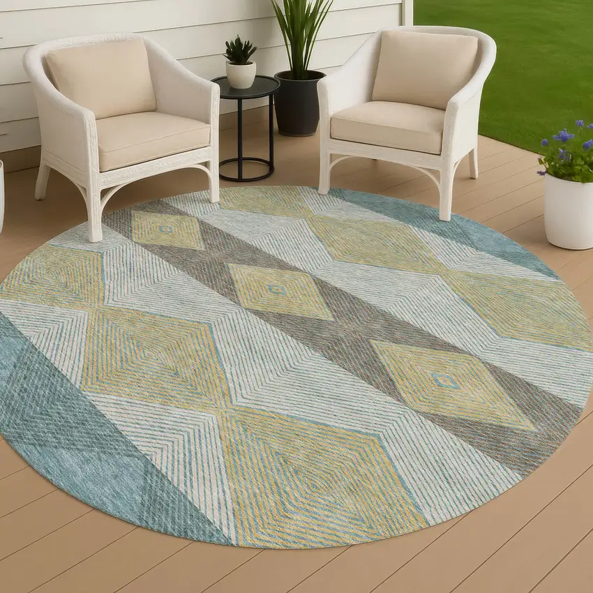 8' Teal Blue And Gold Round Geometric Washable Indoor Outdoor Area Rug Photo 4
