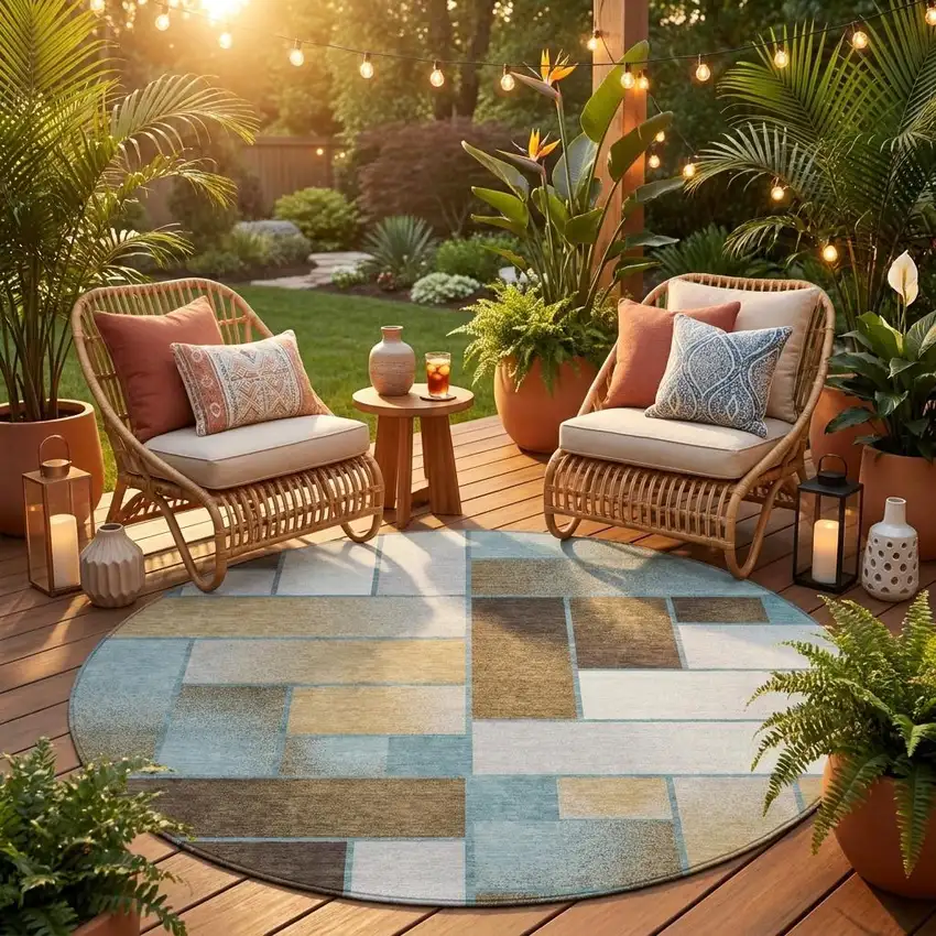 8' Teal Blue And Gold Round Geometric Washable Indoor Outdoor Area Rug Photo 1