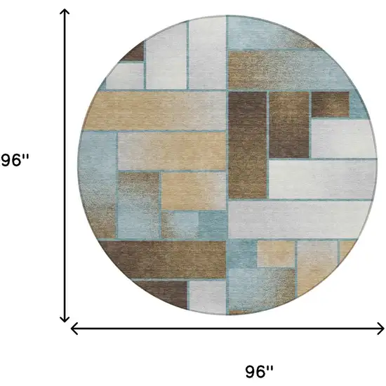 8' Teal Blue And Gold Round Geometric Washable Indoor Outdoor Area Rug Photo 7
