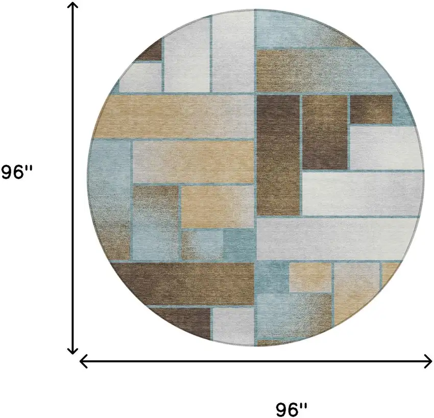 8' Teal Blue And Gold Round Geometric Washable Indoor Outdoor Area Rug Photo 7