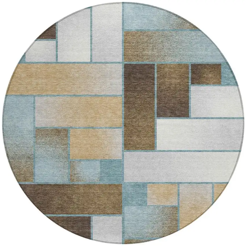 8' Teal Blue And Gold Round Geometric Washable Indoor Outdoor Area Rug Photo 4