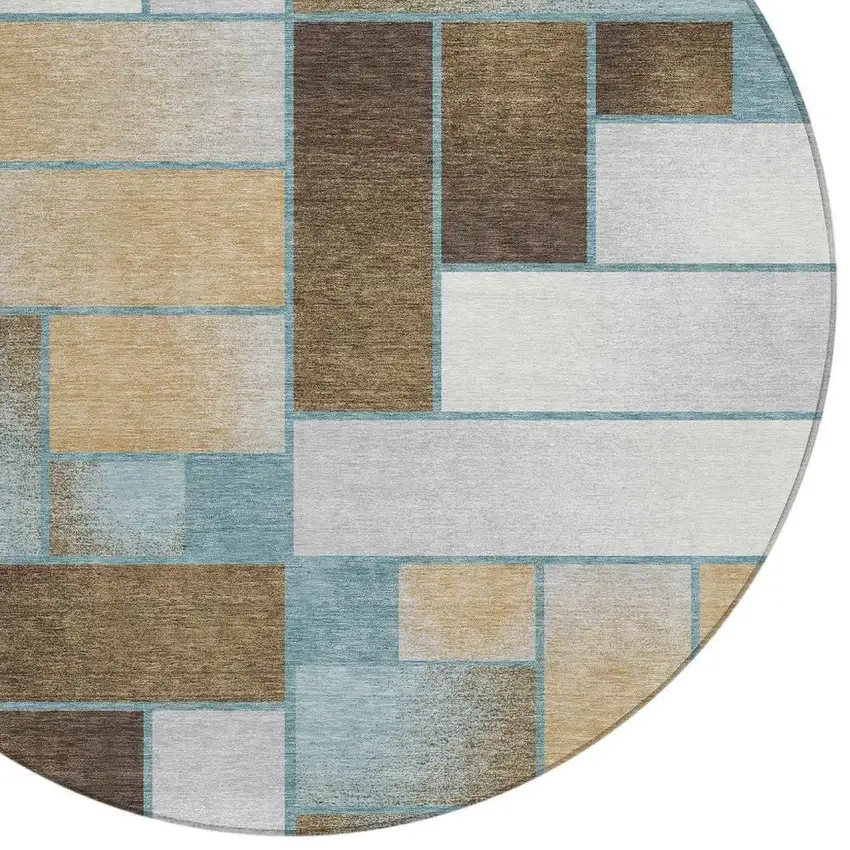 8' Teal Blue And Gold Round Geometric Washable Indoor Outdoor Area Rug Photo 3