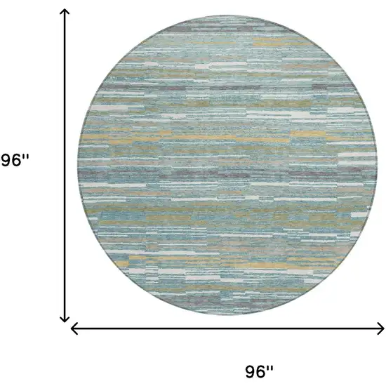 8' Teal Blue And Gold Round Striped Washable Indoor Outdoor Area Rug Photo 6