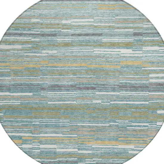 8' Teal Blue And Gold Round Striped Washable Indoor Outdoor Area Rug Photo 3