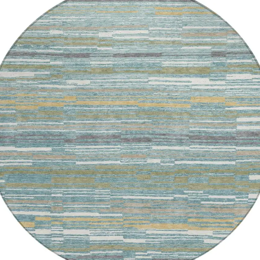 8' Teal Blue And Gold Round Striped Washable Indoor Outdoor Area Rug Photo 3