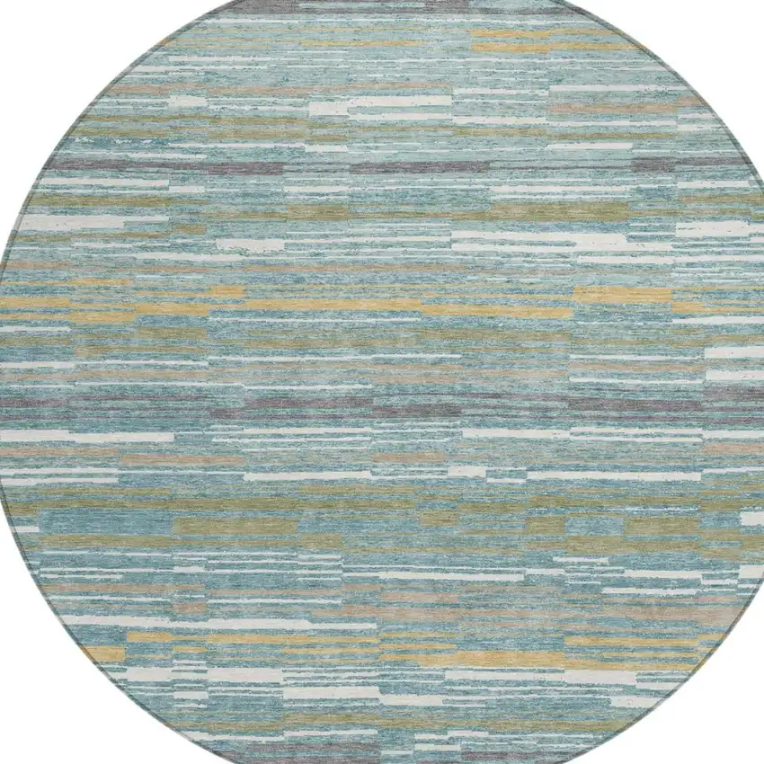 8' Teal Blue And Gold Round Striped Washable Indoor Outdoor Area Rug Photo 2